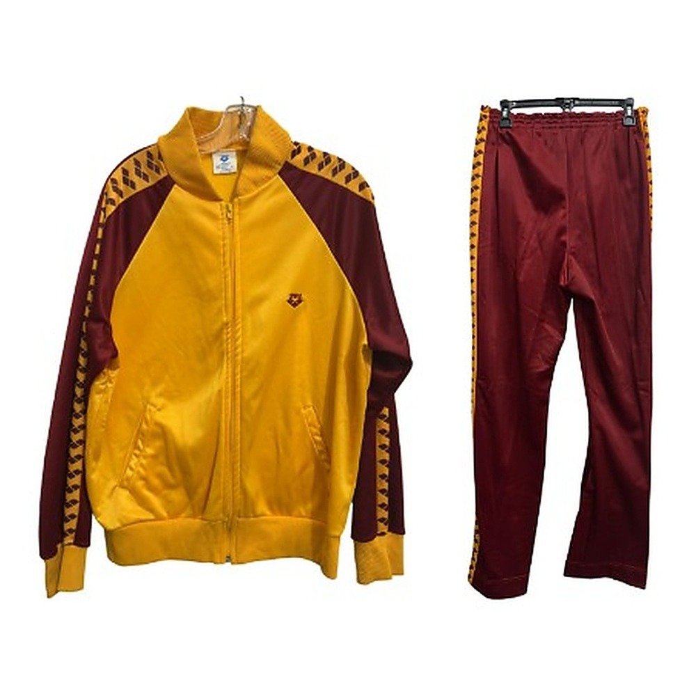 Vintage 70s 80s Arena Tracksuit Yellow Burgundy 2pc Retro Sportswear Mens L USA